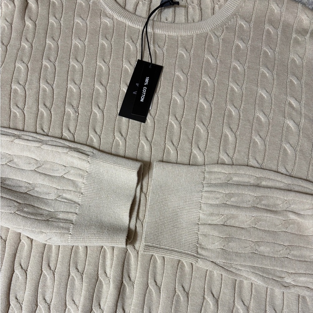 Magaschoni Cable Knit Sweater XXL 100% Cotton Cream Crewneck Lightweight NWT - Picture 3 of 11